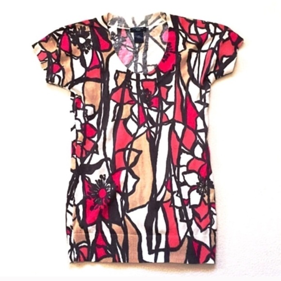 Ann Taylor cap sleeve floral knit scoop neck pullover top pink white brown XSP - Picture 1 of 6
